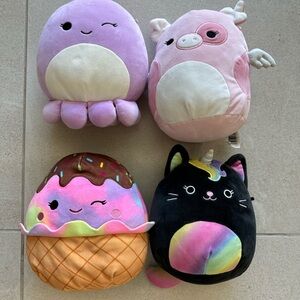Squishmallows Purple Octopus, Pink Pig, Ice Cream, and Black Cat Set